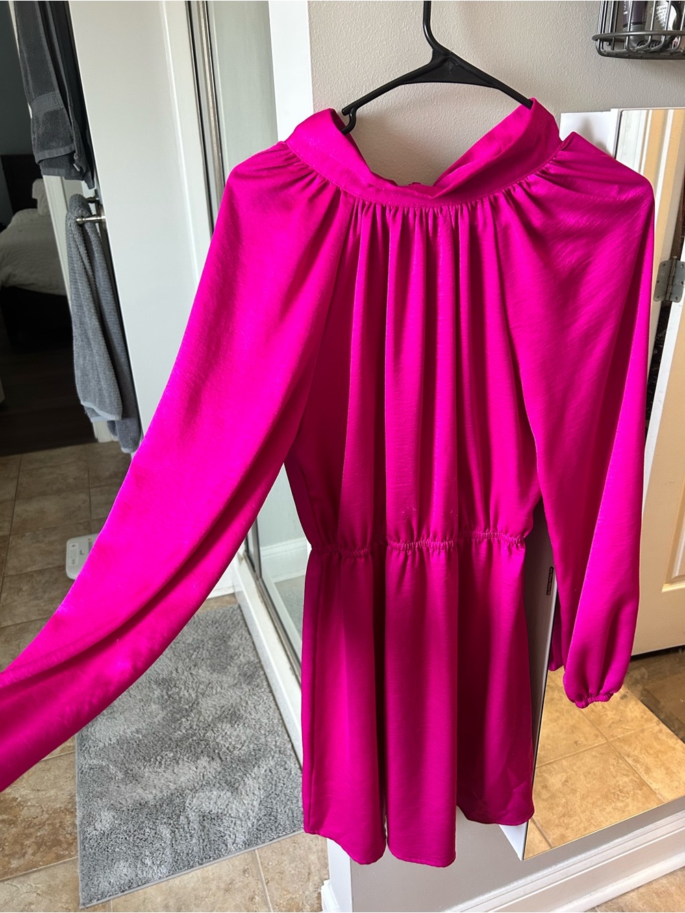 Women’s Hot Pink Long-Sleeve Gathered Waist Dress